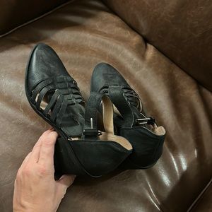 Caslon heeled bootie/sandal. Dark gray leather. Size 8.